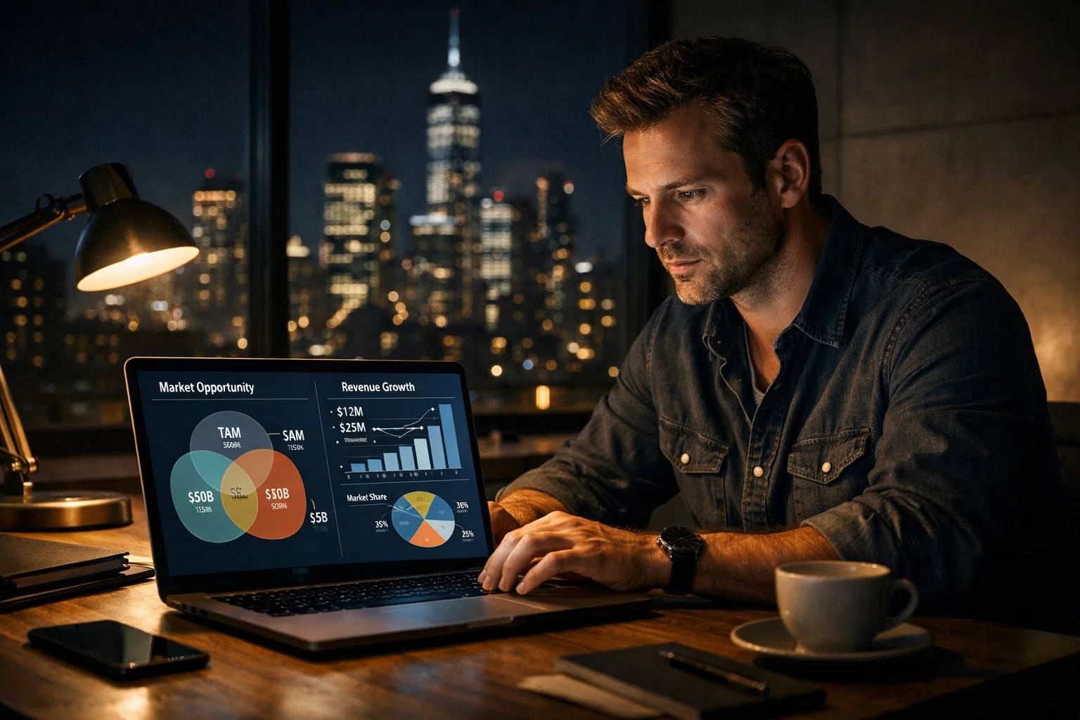 Startup founder winning pitch deck for market size projections