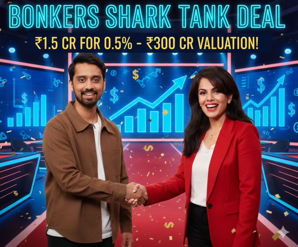 Shubham Gupta of Bonkers Corner and Namita Thapar shaking hands on Shark Tank India Season 5 for a 300 crore valuation deal