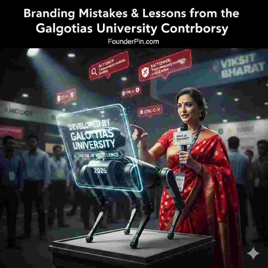 Professional woman in a red saree presenting a robotic dog at the India AI Impact Summit 2026 with "Developed by Galgotias University" holographic text, symbolizing a branding failure.