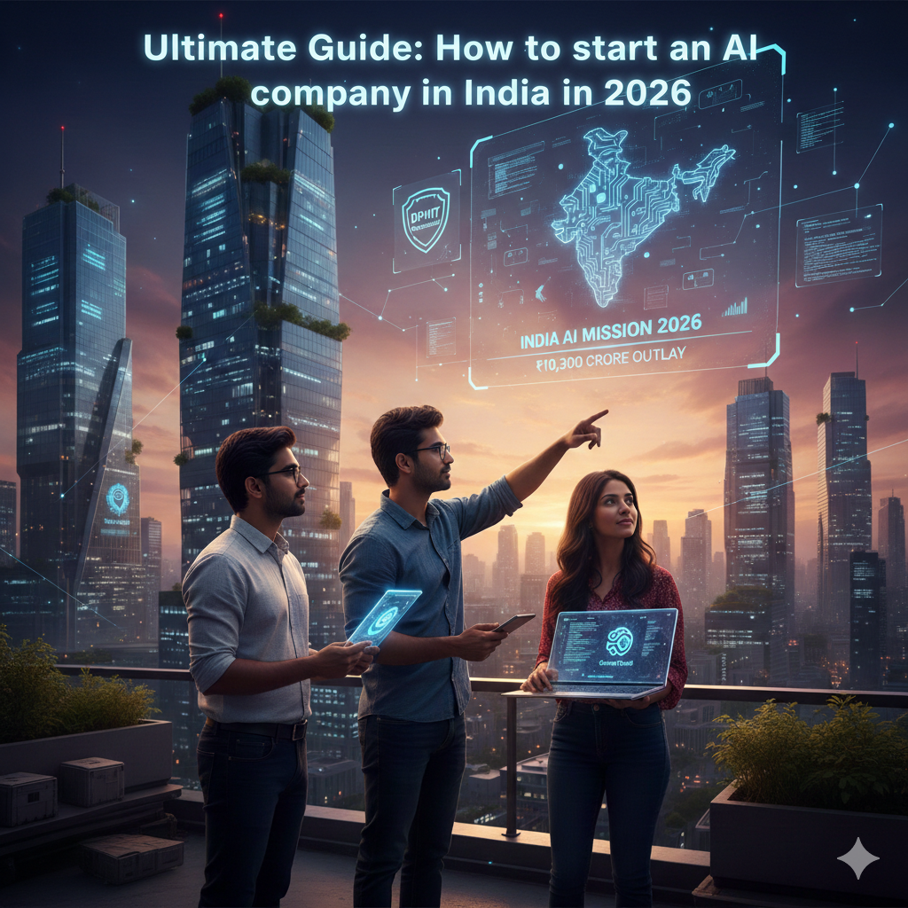 Three young Indian founders on a Bengaluru rooftop looking at a futuristic digital map of India with AI mission data overlays.