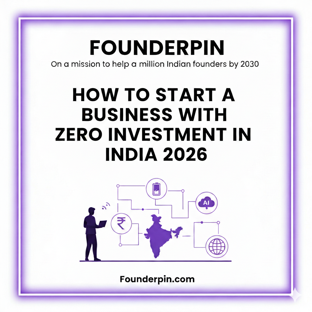 Infographic showing how to start a business with zero investment in India 2026 featuring AI and Micro-SaaS icons by Founderpin.