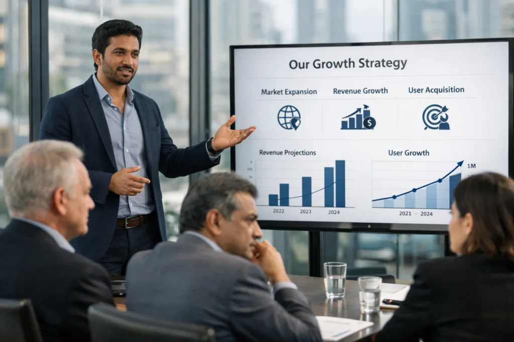 Indian startup founder presenting how to create a winning pitch deck