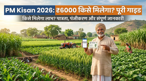 A happy Indian farmer showing PM Kisan 2026 beneficiary status on a mobile phone in a green wheat field with a tractor in the background.