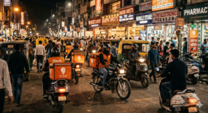 Multiple Swiggy delivery riders on motorbikes navigating a busy night-time market street in an Indian city, symbolizing the growth of quick commerce in India
