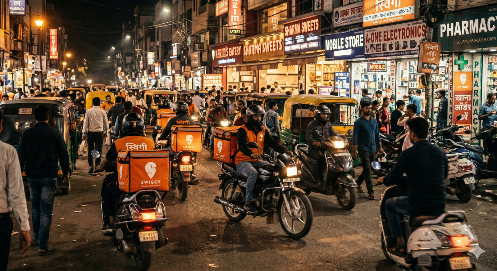 Multiple Swiggy delivery riders on motorbikes navigating a busy night-time market street in an Indian city, symbolizing the growth of quick commerce in India