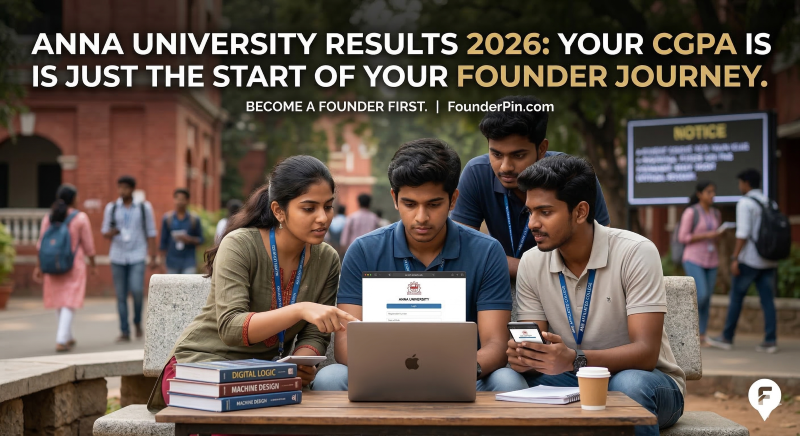 Students checking Anna University Results 2026 on a laptop at an engineering college campus with FounderPin branding.