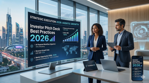 A futuristic 2026 office setting showing a digital "Investor Pitch Deck Best Practices 2026" presentation on a curved glass screen, featuring agentic workflow metrics, revenue growth charts, and the Founder Pin logo.