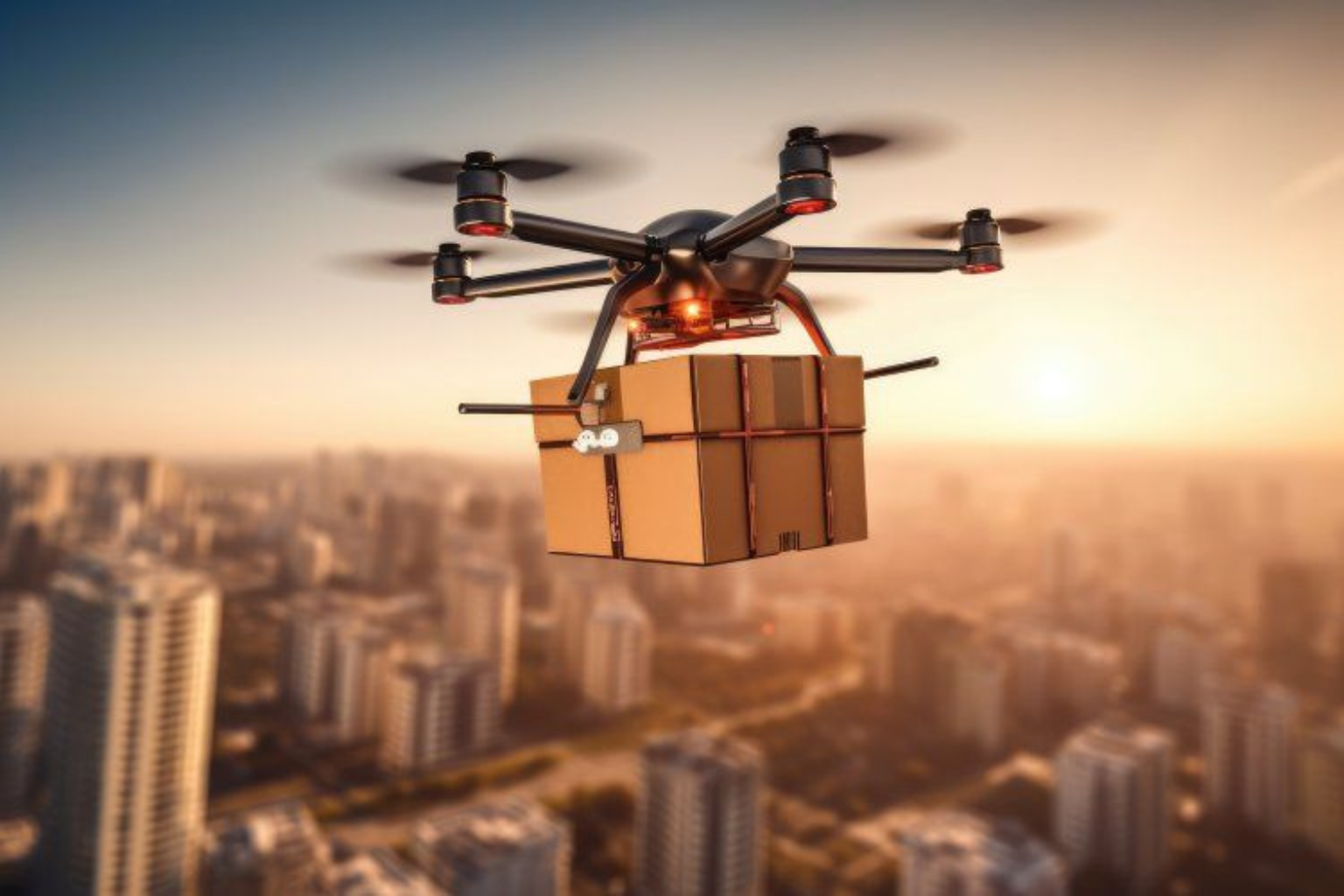 Drone startups in India using UAV for package delivery over city skyline