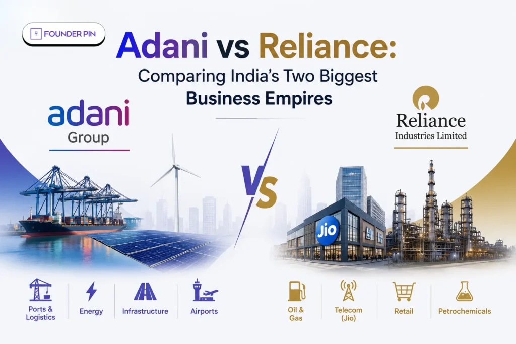 Adani vs Reliance comparison showing India's biggest business empires across infrastructure, energy, telecom, retail, and logistics.