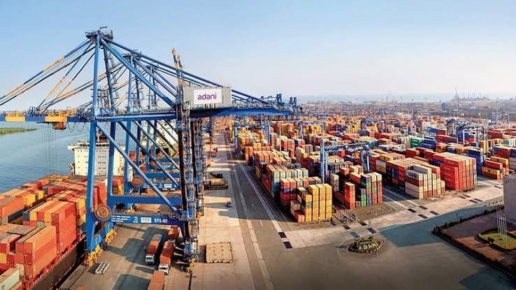 Future of Adani Group featuring a modern container port and logistics hub.