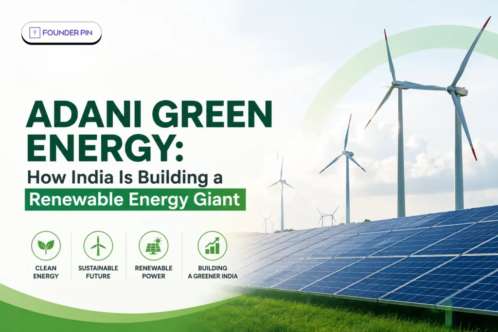 Adani Green Energy highlighting large-scale solar panels and wind turbines in India.