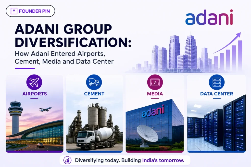 Adani Group Diversification showcasing expansion into airports, cement, media, and data centers.